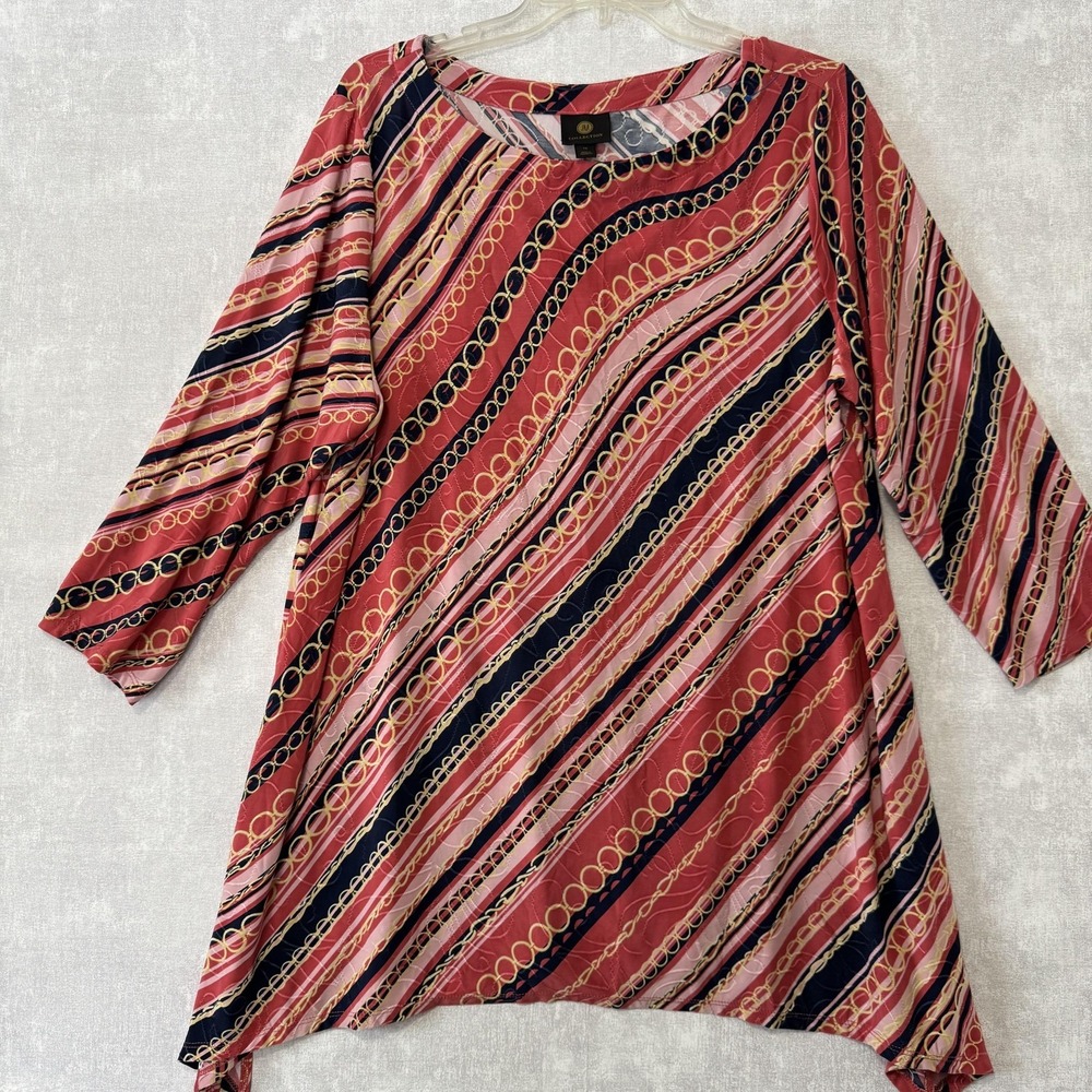 JM Collection Blouse Womens 1X Red Striped Chain Scoop Neck 3/4 Sleeve Tunic Top